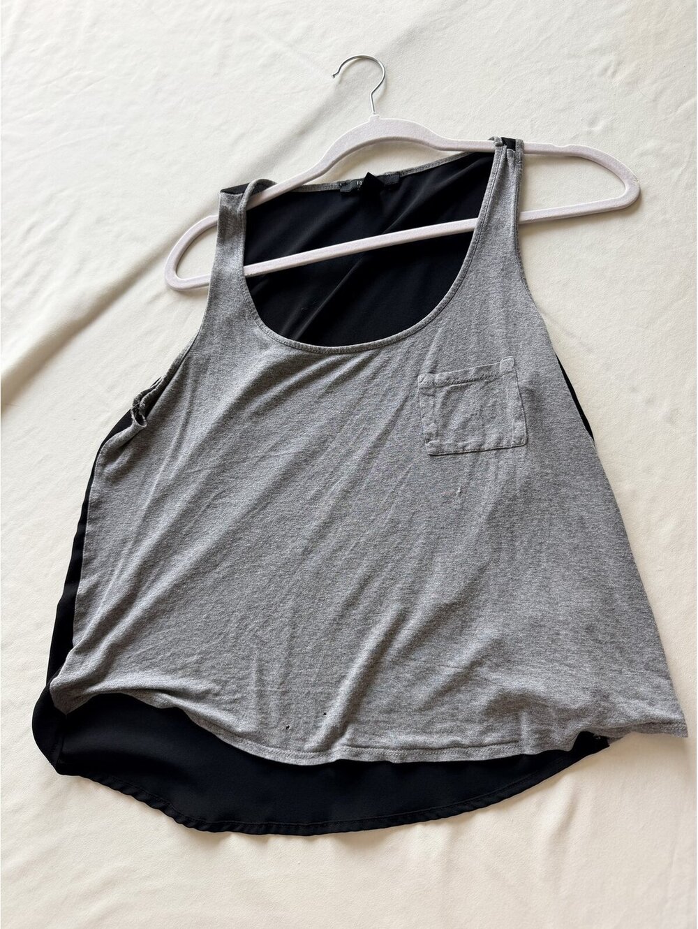 Forever 21 Grey Tank Top Sheer Black Chiffon Back Chest Pocket Size S